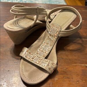 New York Transit Rhinestone Embellished Sandals with Wedge Heels, Size 10